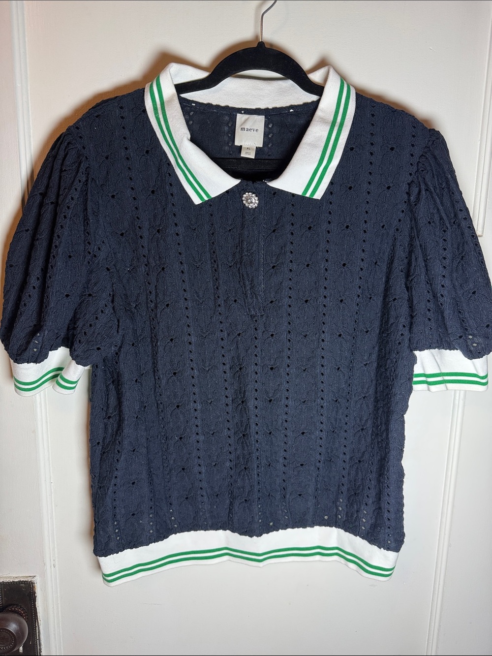 Anthropologie: Maeve Navy Eyelet Polo Top with White and Green Trim